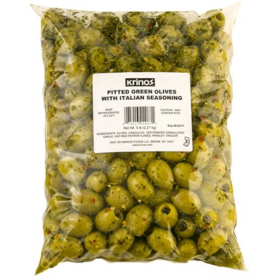 KRINOS Pitted Green Olives with Italian Seasoning 5lb KRINOS Pitted Green Olives with Italian Seasoning 5lb