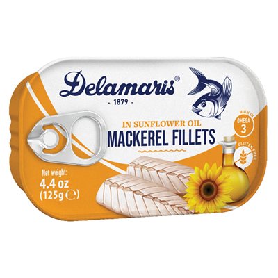 DELAMARIS Mackerel Fillets in Sunflower Oil 125g tin DELAMARIS Mackerel Fillets in Sunflower Oil 125g tin